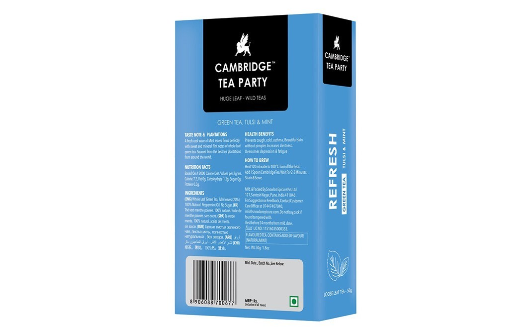 Cambridge Tea party Refresh Green Tea Tulsi & Mint    Pack  50 grams